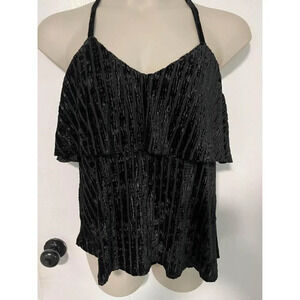 Black velvet halter top with pleats, ruffles, and tie-back straps size M #0258